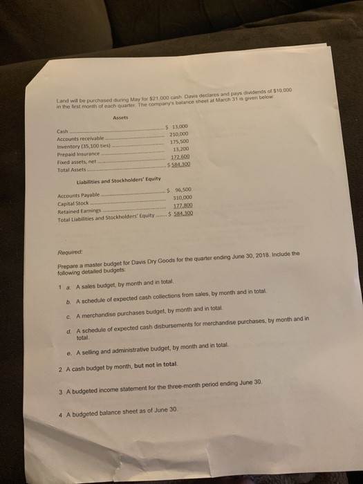 Land will be purchased during May for $21.000 cash Davis declares and pays dividends of $10.000 in the first month of each qu