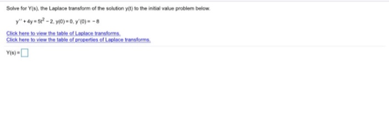 Solve for Y(s), the Laplace transform of the solution yct) to the initial value problem below. y + 4y = 512 - 2. y(0)=0, 7(0