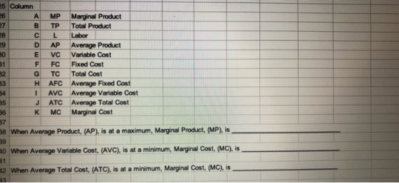 1999 25 Column MP TP CL D AP E VC FC TC H AFC 1 AVC J ATC K MC MO Marginal Product Total Product Labor Average Product Variab