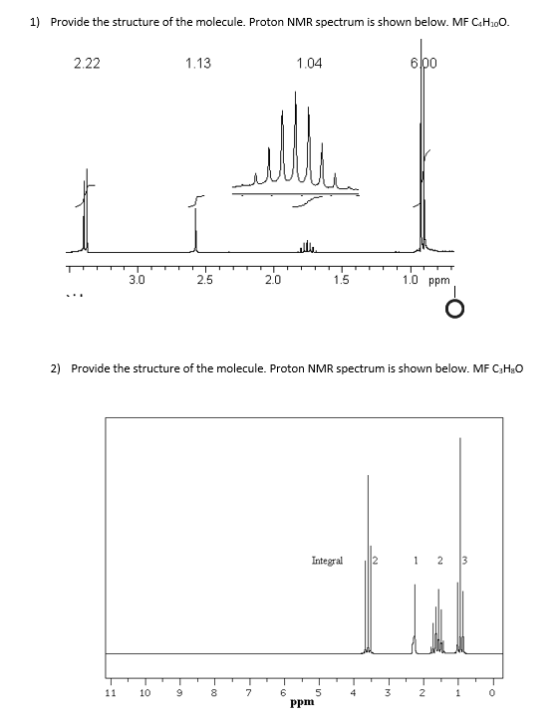 1) Provide the structure of the molecule. Proton NMR spectrum is shown below. MF C.H.00. 2.22 1.13 1.04 6.00 an 20 1.0 ppm 2)