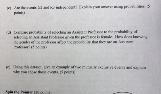 (c) Are the events G2 and R3 independent? Explain your answer using probabilities.5 points) (d) Compare probability of select