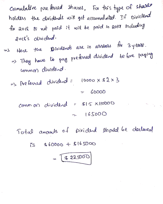 Cumulative preferred shares, For this type of sharee holders the dividends will get accumulated. If Diviclend for 2018 es not