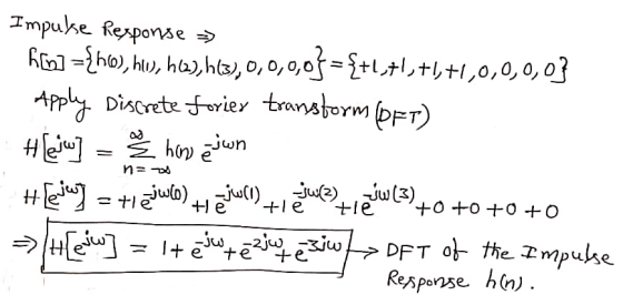 Impulse Rexsponse >> Ron] ={hm), hus, h62), h(3),0,0,0,0}={+1+1+1+1,0,0,0,0} Apply Discrete forier transtorm (FT) Hew] = { hu