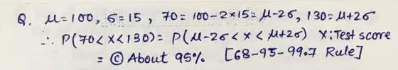 Q. H:100, 6515 , 70= 100-2x15=4-26, 130= 4+26 - P(70<x<130): PU-26 < X < 4+20) X: Test score : © About 95% [68-95-99.7 Rule]