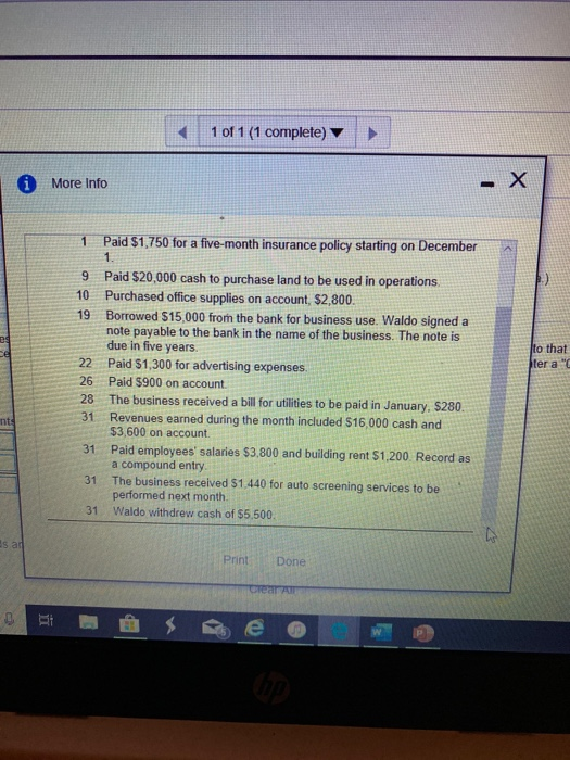 1 of 1 (1 complete) i More Info 1 Paid $1,750 for a five-month insurance policy starting on December to that ter a 9 Paid $20