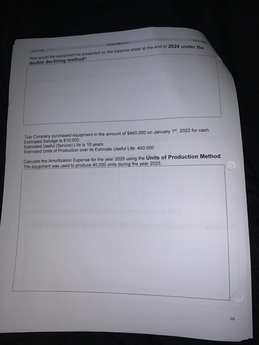 How would the equipment be presented on the balance sheet at the end of 2024 under double declining method? Tulo Company purc