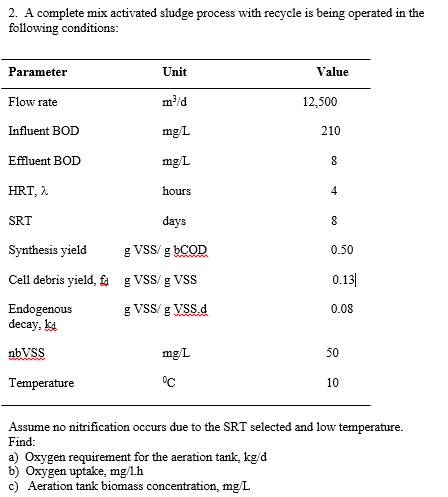 2. A complete mix activated sludge process with recycle is being operated in the following conditions Unit Parameter Flow rate Influent BOD Value 12,500 mg/L 210 Efluent BOD HRT, λ SRT im hours days 0.50 Synthesis yieldVSS/gbCOD Cell debris yield, fa g VSS/g VSS Endogenous decay, ki nbVSS 0.13] g VSS/ g VSS.d 0.08 im 50 Temperature 10 Assume no nitrification occurs due to the SRT selected and low temperature. Find a) Oxygen requirement for the aeration tank, kg d b) Oxygen uptake, mg/1h c) Aeration tank biomass concentration, mgL