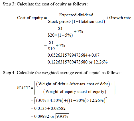 Step 3: Calculate the cost of equity as follows: Expected dividend Cost of equity = +Growth rate Stock price x(1-flotation co