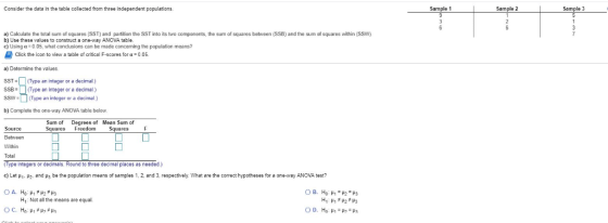 Consider the data in the table collected from three independent populations. Sample 1 Sample 2 Sample 3 III a) Calculate the