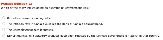 Practice Question 13 Which of the following would be an example of unsystematic risk? O Overall consumer spending falls. O Th
