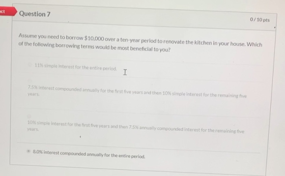 act Question 7 0/10 pts Assume you need to borrow $10,000 over a ten-year period to renovate the kitchen in your house. Which
