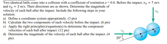 Two identical balls come into a collision with a coefficient of restitution e=0.8. Before the impact, VA = 7 m/s and V3 = 3 m