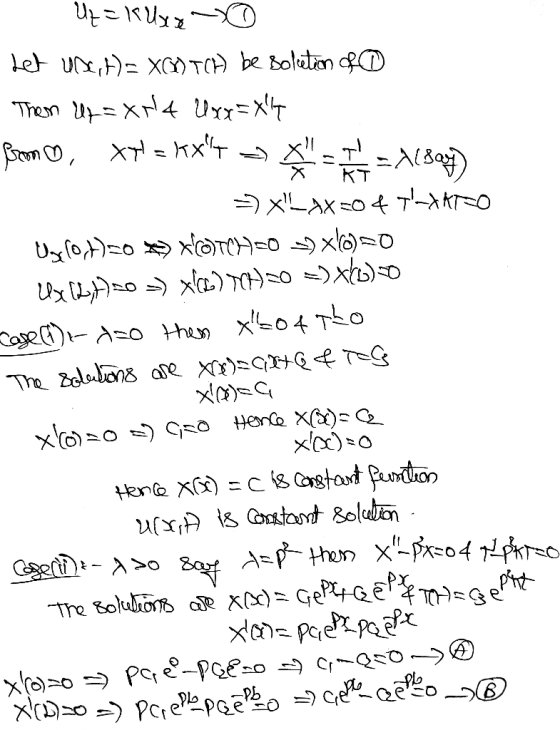 Ut = kUxq -90 Let une,t)= XC) TCH be Boletion of Then Ur=X114 Uxx=x Bromo XT = x= =) $1 = -(804) => xl_dx=04T-TO Ugrot)=0