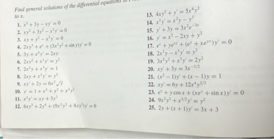 Find general solutions of the differential equations to x. 14. xy ry-уз 15. y +3y 3xe3 16. y 2-2xy y2 18. 2x2y-rly,-: уз 20.