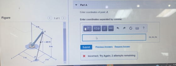 Part A Enter coordinates of point A Figure 1 of 1 Enter coordinates separated by comma: ΡΟ ΑΣΦ | 11 vec ? mm. F-400N 6 m Subm