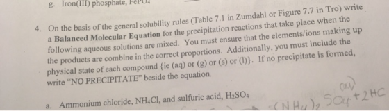 g. Iron(III) phosphate, FePO4 the basis of the general solubility rules (Table 7.1 in Zumdahl or Figure 7.7 in Tro) write a B