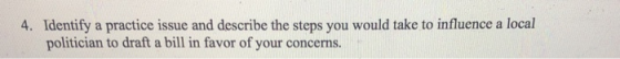 4. Identify a practice issue and describe the steps you would take to influence a local politician to draft a bill in favor of your concerns.