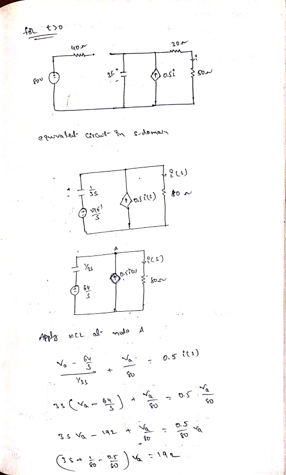 for topless ? 201 400 . 36*+ Posi fou equivalel circuil in s-domain T ele Masies) § son sa & son glan Apply KCl al nudo A 64