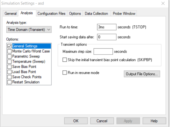 Simulation Settings - asd General Analysis Configuration Files Options Data Collection Probe Window Analysis type seconds (TS