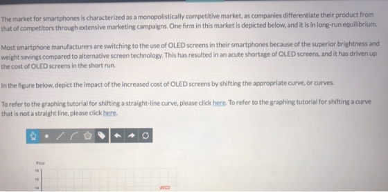 The market for smartphones is characterized as a monopolistically competitive market, as companies differentiate their product from that of competitors through extensive marketing campaigns. One firm in this market is depicted below, and it is in long-run equilibrium. Most smartphone manufacturers are switching to the use of OLED screens in their smartphones because of the superior brightness and weight savings compared to alternative screen technology. This has resulted in an acute shortage of OLED screens, and it has driven up the cost of OLED screens in the short run. In the figure below, depict the impact of the increased cost of OLED screens by shifting the appropriate curve, or curves. To refer to the graphing tutorial for shifting a straight-line curve, please click here. To refer to the graphing tutorial for shifting a curve that is not a straight line, please click here Price 18 15