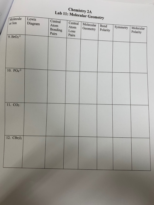 Chemistry 2A Lab 11: Molecular Geometry Molecule or Ion Lewis Diagram Central Atom Bonding Pairs Central Molecular Geometry A