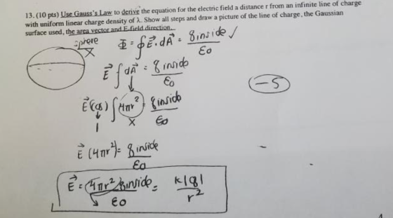 13.(10 pts) Use Gausss Law to derive the equation for the electric field a distance r from an infinite line of charge with u