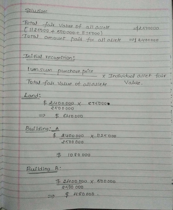 Soluhon CL 25000 + 500000± 8150001 paid for all au etr =|ーH00000 Lum sum purchose price xIndividuol asret feir alue Tota fais Value of allassete Land: 95 00 000 Building B: 2500 000