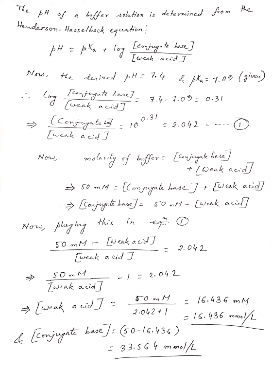 The pH of a ph of a buffer from the solution is determined Henderson - Hasselback equation: - pH = pka & log [conjugate base]