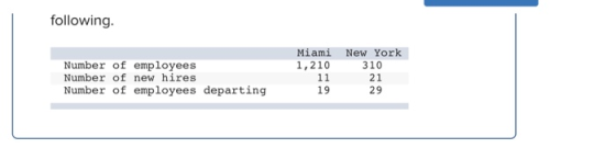 following. Number of employees Number of new hires Number of employees departing Miami New York 1,210 310 11 21 19 29