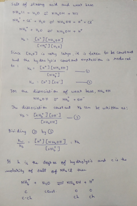 to salt of strong acid and weak base NH4Cl + H₂O Ž NH4OH + Her NH4 + cê + H₂O NH4OH + H+ + cé NH + H₂O ² NHLOH + H+ VA - LH ]