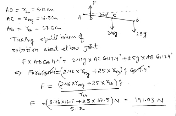 B 2.462 AD = 8eb = 5:12 am AC = Vecg = 16.5cm . A 717.40 ċ- AB = Yen = 37.5 cm Taking equilibrium of 259 rotation about elb