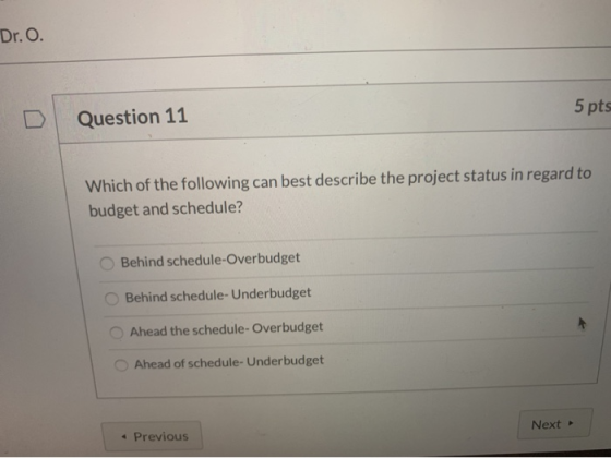 Dr. O. 5 pts Question 11 Which of the following can best describe the project status in regard to budget and schedule? Behind
