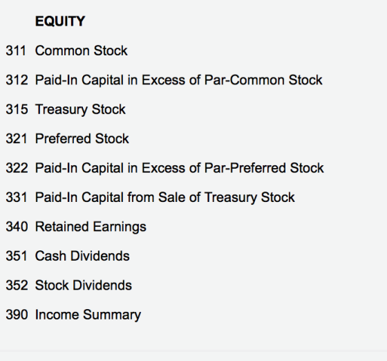 EQUITY 311 Common Stock 312 Paid-In Capital in Excess of Par-Common Stock 315 Treasury Stock 321 Preferred Stock 322 Paid-In