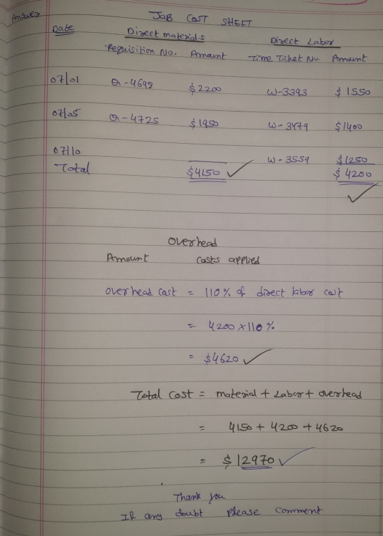 Answer Date JOB SHEET Direct materials Requisition No. Amount Disect Labor Time Ticket Nu- Amount o-4698 $2200 W-3393 $ 1550