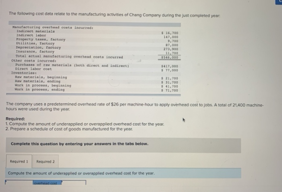 The following cost data relate to the manufacturing activities of Chang Company during the just completed year: Manufacturing