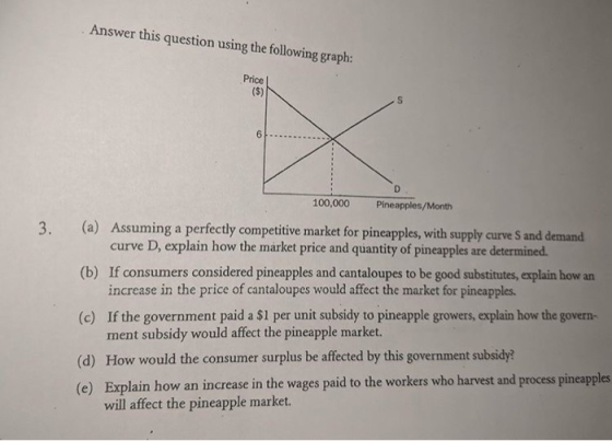 Answer this question using the following graph: Price ($) 3. 100,000 Pineapples/Month (a) Assuming a perfectly competitive ma