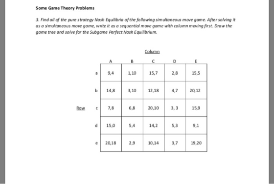 Some Game Theory Problems 3. Find all of the pure strategy Nash Equilibria of the following simultaneous move game. After sol
