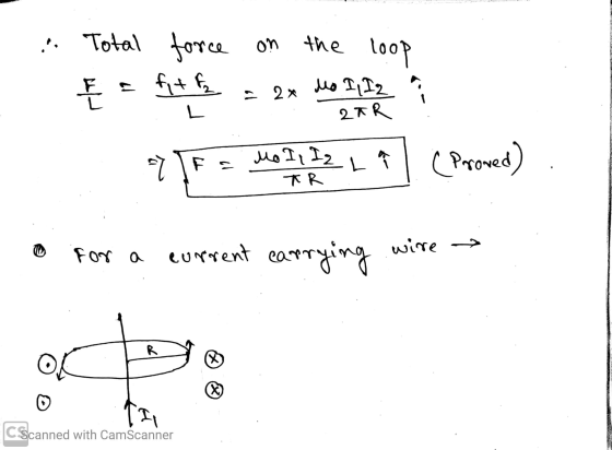 ... Total force on the loop E = fith - 2x do I 1 Izmir LAR F = Mo I, IL (Proved) a TR for a current carrying wire → R X IT CS