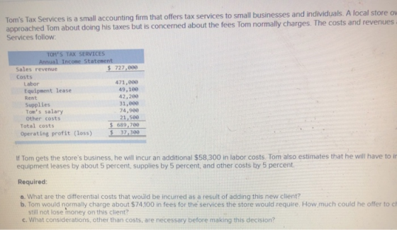 Toms Tax Services is a small accounting firm that offers tax services to small businesses and individuals. A local store ow