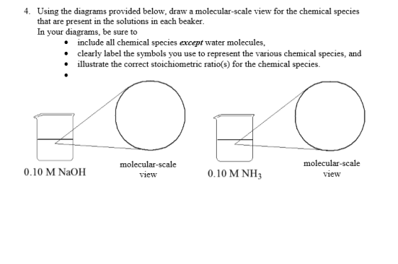 4. Using the diagrams provided below, draw a molecular-scale view for the chemical species that are present in the solutions in each beaker In your diagrams, be sure to include all chemical species except water molecules, clearly label the symbols you use to represent the various chemical species, and illustrate the correct stoichiometric ratio(s) for the chemical species molecular-scale molecular-scale 0.10 M NaOH 0.10 M NH View View