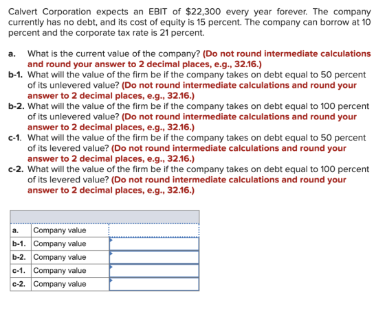 Calvert Corporation expects an EBIT of $22,300 every year forever. The company currently has no debt, and its cost of equity
