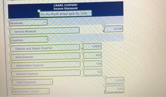 CRANE COMPANY Income Statement For the Month Ended April 30, 2020 Revenues 1 Service Revenue 15700 Expenses Salaries and Wage