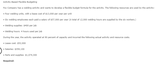 Activity-Based Flexible Budgeting Foy Company has a welding activity and wants to develop a flexible budget formula for the a