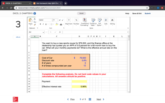 EXCEL 2: CHAPTER 5 x Get Homework Help With Che X → C newconnect.mheducation.com/flow/connect.html EXCEL 2: CHAPTER 5 A Saved
