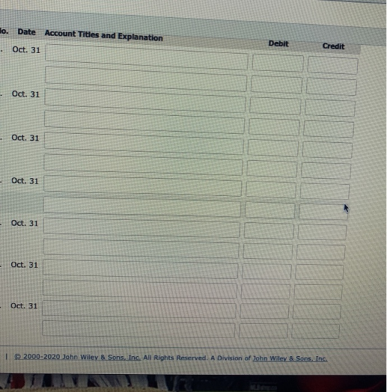 lo. Date Account Titles and Explanation Debit Oct. 31 Credit Oct. 31 Oct. 31 Oct. 31 Oct. 31 Oct. 31 Oct. 31 1 2000-2020 John