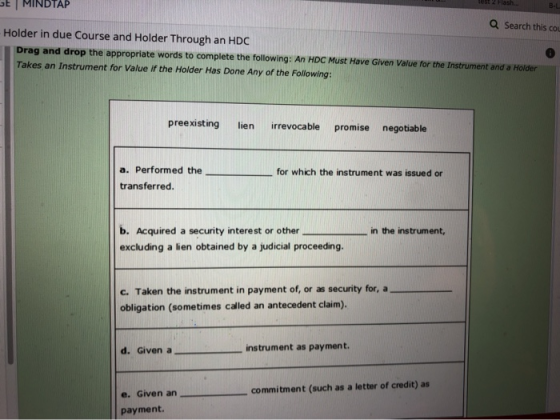 2 Hash B-L GEMINDTAP Q Search this cou Holder in due Course and Holder Through an HDC Drag and drop the appropriate words to