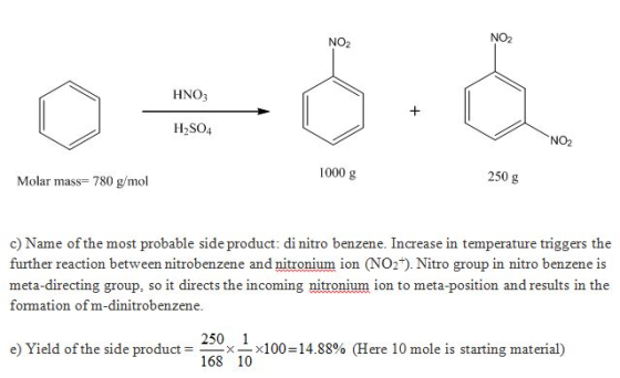 NO2 NO2 HNO3 H2SO4 NO2 1000 g 250 g Molar mass 780 g/mol c) Name of the most probable side product: di nitro benzene. Increas