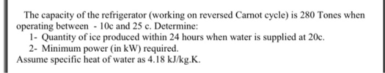 The capacity of the refrigerator (working on reversed Carnot cycle) is 280 Tones when operating between - 10c and 25 c. Deter