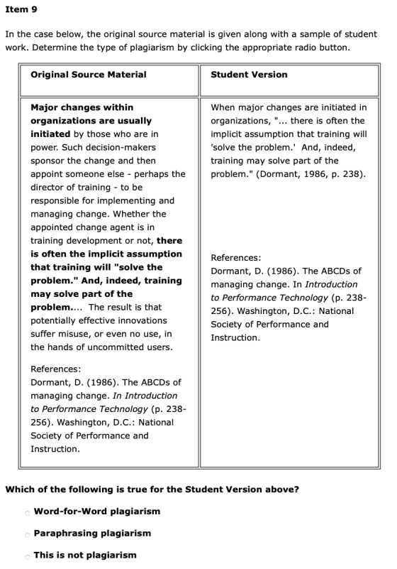 Item 9 In the case below, the original source material is given along with a sample of student work. Determine the type of pl