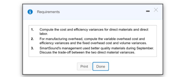 * Requirements 1. 2. Compute the cost and efficiency variances for direct materials and direct labor. For manufacturing overh